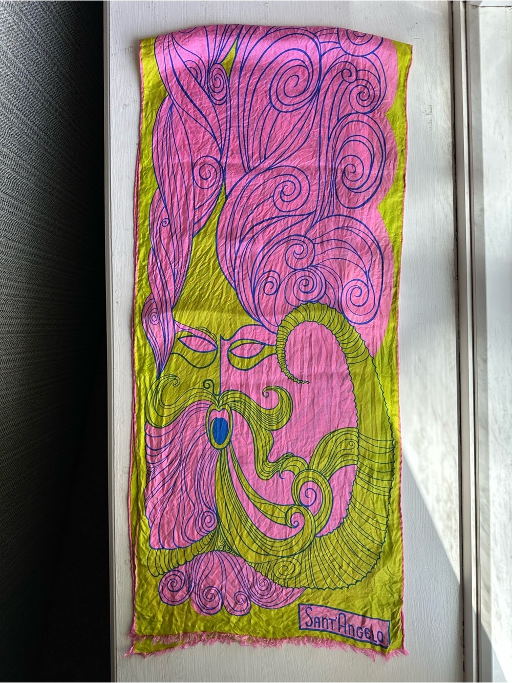Sant Angelo Psychedelic Face Scarf Neon Pink Green Mod Retro Fringe Wrap - Picture 4 of 7